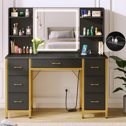 Rolanstar Vanity Desk with Lighted Mirror & Power Outlet, Makeup Vanity with 7 Fabric Drawers, 6 Storage Shelves & 3 Lighting Modes, Dressing Table for Bedroom, Girls, Women, White and Gold