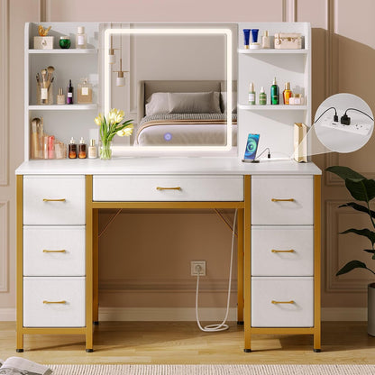 Rolanstar Vanity Desk with Lighted Mirror & Power Outlet, Makeup Vanity with 7 Fabric Drawers, 6 Storage Shelves & 3 Lighting Modes, Dressing Table for Bedroom, Girls, Women, White and Gold