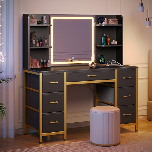 LED Vanity Desk with Mirror Lighting & Storage