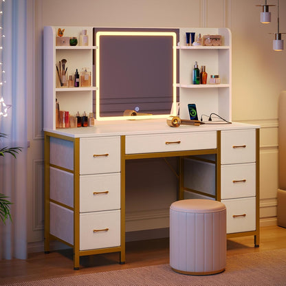 Rolanstar Vanity Desk with Lighted Mirror & Power Outlet, Makeup Vanity with 7 Fabric Drawers, 6 Storage Shelves & 3 Lighting Modes, Dressing Table for Bedroom, Girls, Women, White and Gold
