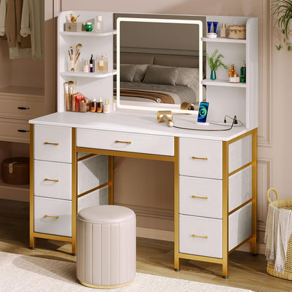 Rolanstar Vanity Desk with Lighted Mirror & Power Outlet, Makeup Vanity with 7 Fabric Drawers, 6 Storage Shelves & 3 Lighting Modes, Dressing Table for Bedroom, Girls, Women, White and Gold
