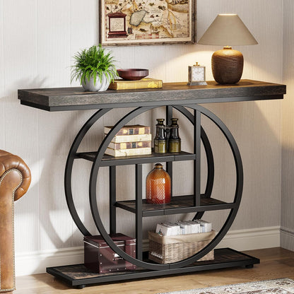 Geometric Woodgrain Etagere Console with Rustic Finish