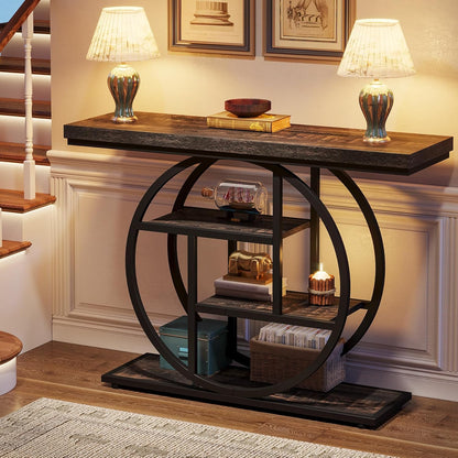 Geometric Woodgrain Etagere Console with Rustic Finish