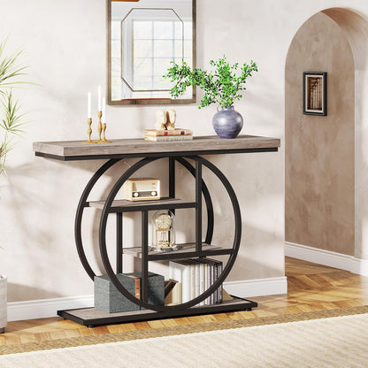 Geometric Woodgrain Etagere Console with Rustic Finish