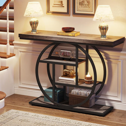 Geometric Woodgrain Etagere Console with Rustic Finish