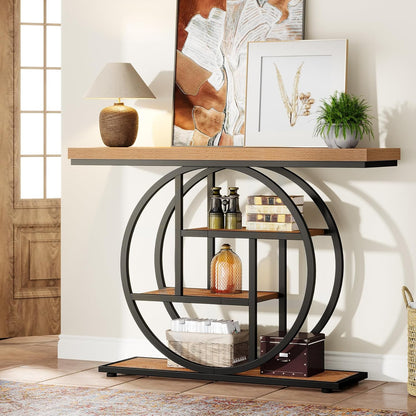Geometric Woodgrain Etagere Console with Rustic Finish