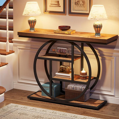 Geometric Woodgrain Etagere Console with Rustic Finish