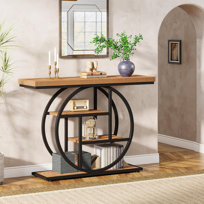 Geometric Woodgrain Etagere Console with Rustic Finish