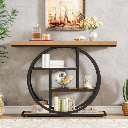 Geometric Woodgrain Etagere Console with Rustic Finish